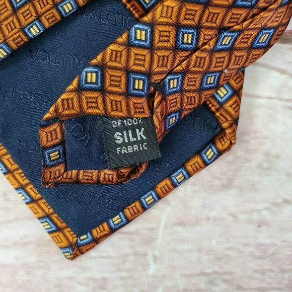 Nautica Brown Blue Geometric Diamonds Pattern 100% Silk Tie M7922 - Picture 5 of 12